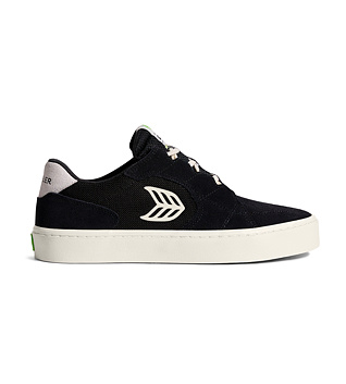 Womens leisure shoes Cariuma T20 PRO Black Suede and Mesh Ivory Logo Sneaker