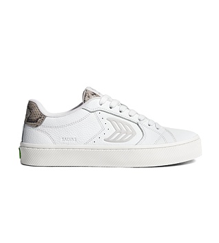 Mens leisure shoes Cariuma SALVAS White Leather Silver Cloud Logo Snake Skin Print Sneaker