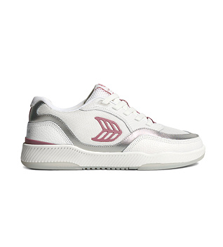 Womens leisure shoes Cariuma UBA White Leather and Suede Blush Pink Logo Silver Accents Sneaker