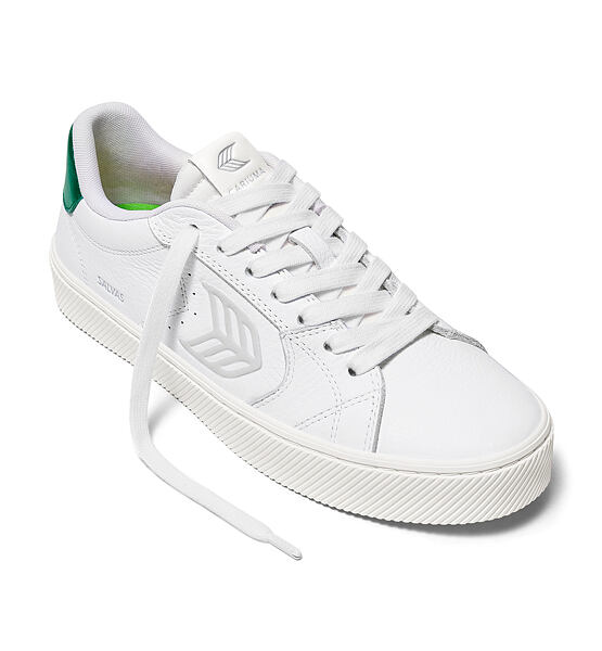 Mens leisure shoes Cariuma SALVAS White Premium Leather Ice Logo Metallic Green Sneaker