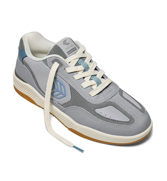 Mens leisure shoes Cariuma Skategoat C25 Onyx Grey Leather Faded Denim Logo Charcoal Grey Sneaker