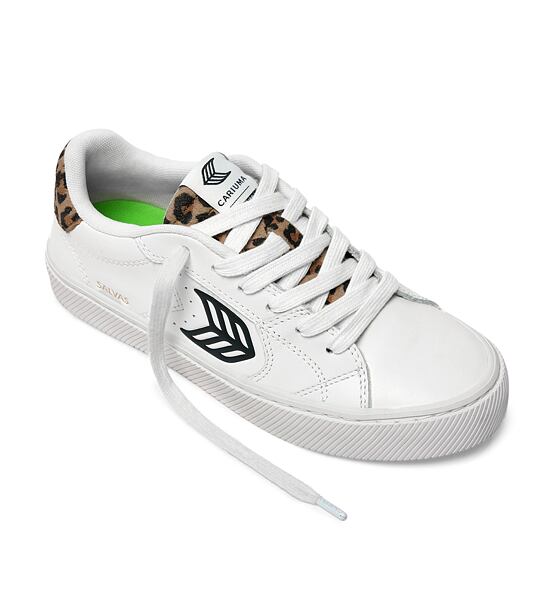 Womens leisure shoes Cariuma SALVAS White Leather Black Logo Leopard Print Sneaker