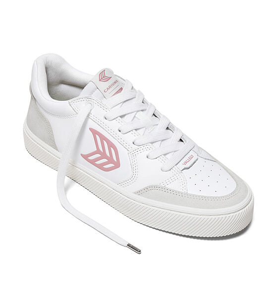 Mens leisure shoes Cariuma VALLELY White Leather Vintage White Suede Blush Pink Logo Sneaker