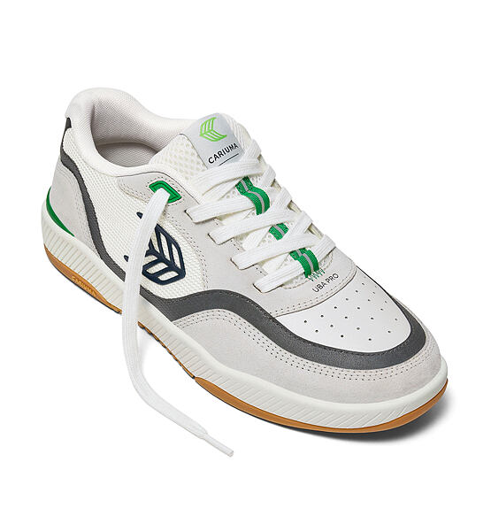 Mens leisure shoes Cariuma UBA PRO Smoke White Suede Off-White Mesh Black Logo Green Sneaker