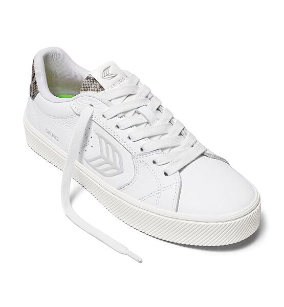 Mens leisure shoes Cariuma SALVAS White Leather Silver Cloud Logo Snake Skin Print Sneaker