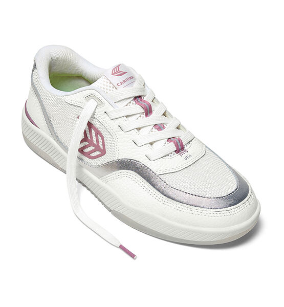 Mens leisure shoes Cariuma UBA White Leather and Suede Blush Pink Logo Silver Accents Sneaker