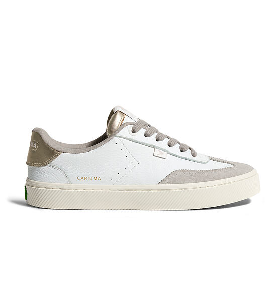 Mens leisure shoes Cariuma TOCA White Premium Leather Vintage White Suede Metallic Gold Sneaker