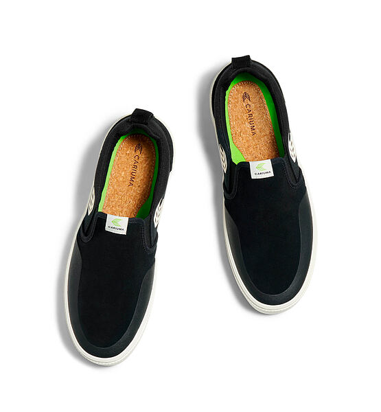 Pánské volnočasové boty Cariuma SLIP-ON PRO Black Suede and Canvas Ivory Logo Sneaker