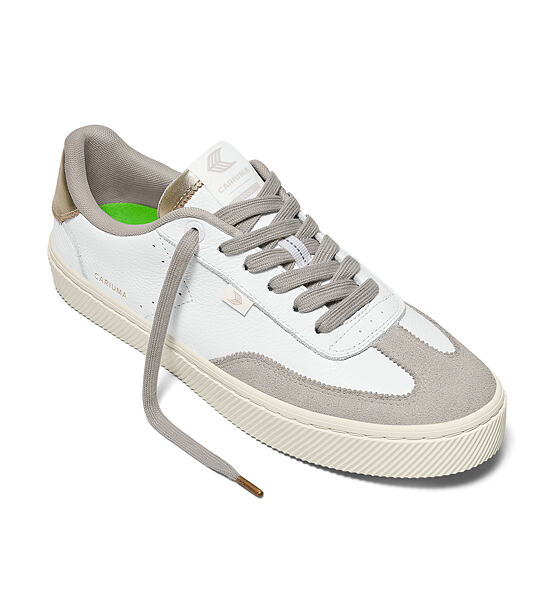 Mens leisure shoes Cariuma TOCA White Premium Leather Vintage White Suede Metallic Gold Sneaker