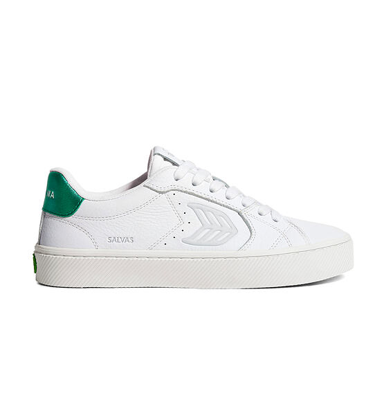 Mens leisure shoes Cariuma SALVAS White Premium Leather Ice Logo Metallic Green Sneaker