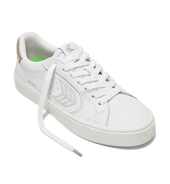Womens leisure shoes Cariuma SALVAS White Premium Leather Ice Logo Metallic Gold Sneaker