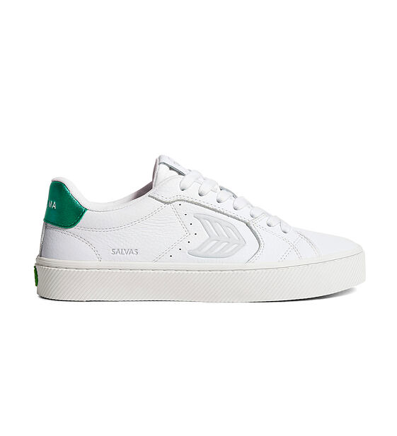 Mens leisure shoes Cariuma SALVAS White Premium Leather Ice Logo Metallic Green Sneaker