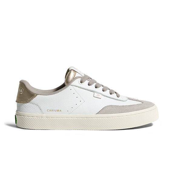 Mens leisure shoes Cariuma TOCA White Premium Leather Vintage White Suede Metallic Gold Sneaker