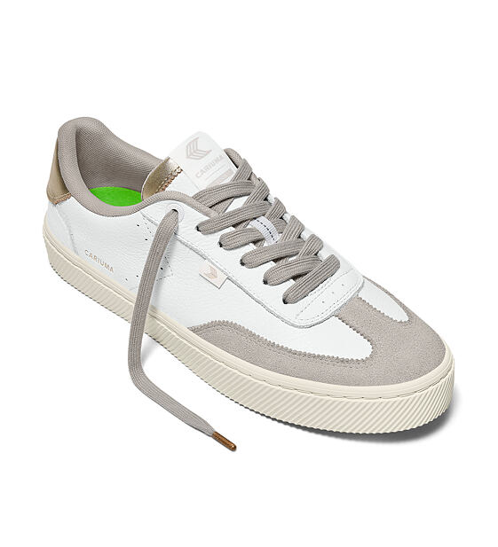 Mens leisure shoes Cariuma TOCA White Premium Leather Vintage White Suede Metallic Gold Sneaker