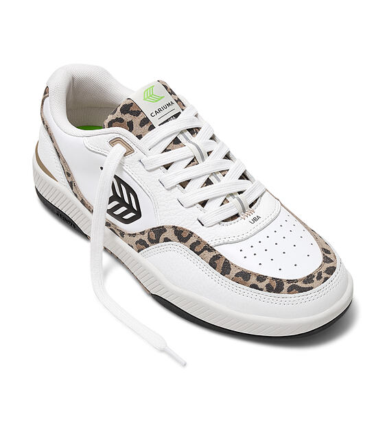 Dámské volnočasové boty Cariuma UBA White Leather Leopard Print Suede Black Logo Sneaker