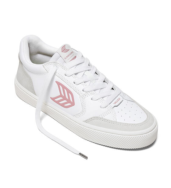 Mens leisure shoes Cariuma VALLELY White Leather Vintage White Suede Blush Pink Logo Sneaker