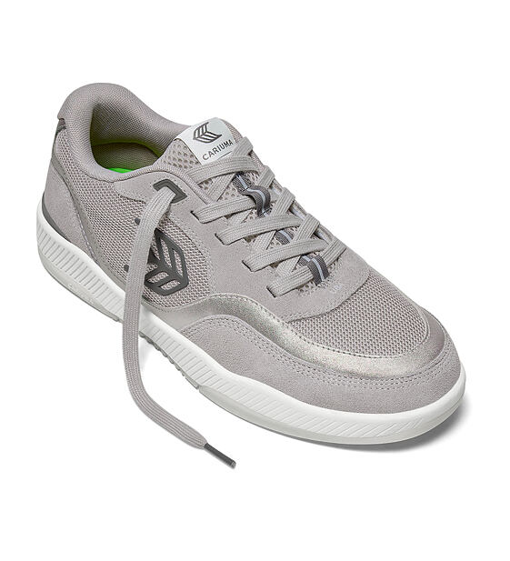 Womens leisure shoes Cariuma UBA Light Grey Suede and Mesh Charcoal Grey Logo Silver Accents Sneaker
