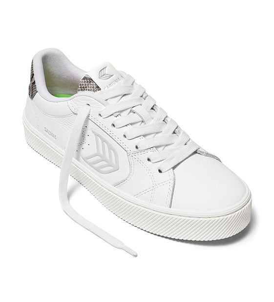 Mens leisure shoes Cariuma SALVAS White Leather Silver Cloud Logo Snake Skin Print Sneaker