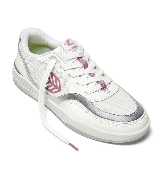 Mens leisure shoes Cariuma UBA White Leather and Suede Blush Pink Logo Silver Accents Sneaker