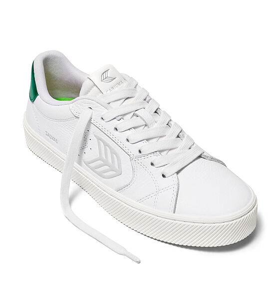 Pánské volnočasové boty Cariuma SALVAS White Premium Leather Ice Logo Metallic Green Sneaker