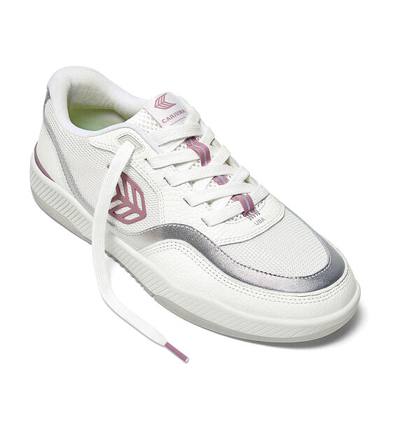 Dámské volnočasové boty Cariuma UBA White Leather and Suede Blush Pink Logo Silver Accents Sneaker